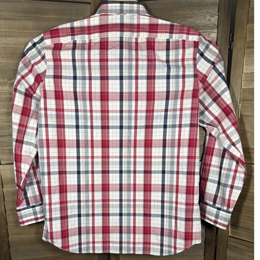 Banana Republic Men L Camden Fit Non-Iron Plaid Button Down Shirt Red Navy White